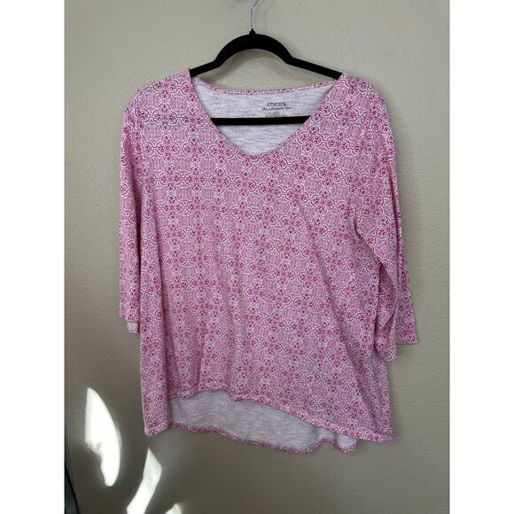 Chicos Womens Pink Blouse 2 Medium 3/4 sleeve round neck pullover cotton - Picture 2 of 5